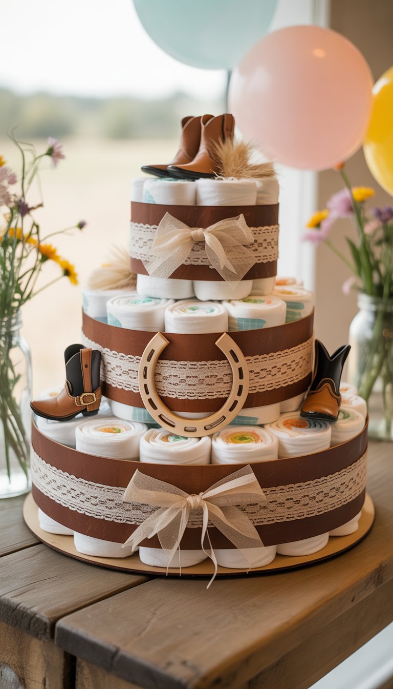 A diaper cake decorated with leather straps, lace, and small cowboy-themed items on a wooden table with baby shower decorations around it.